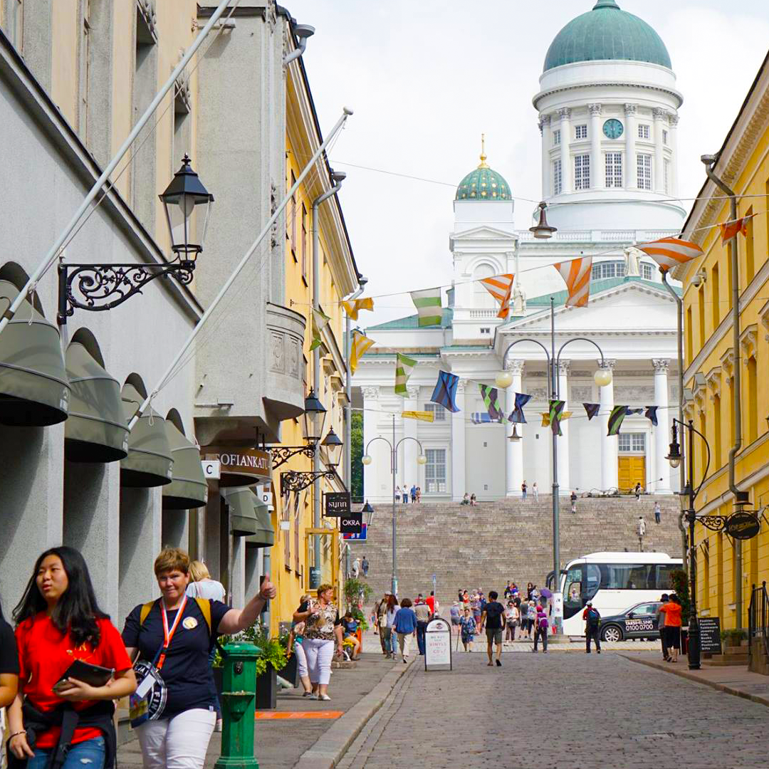 An excursion group in central Helsinki, one of the destinations in the weekly programme